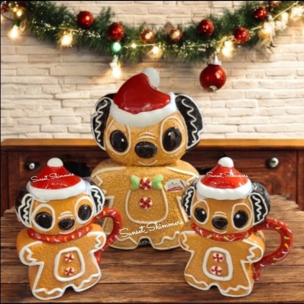 New Disney 3pc STITCH GINGERBREAD Santa Hat Cookie Jar Mugs Set CHRISTMAS